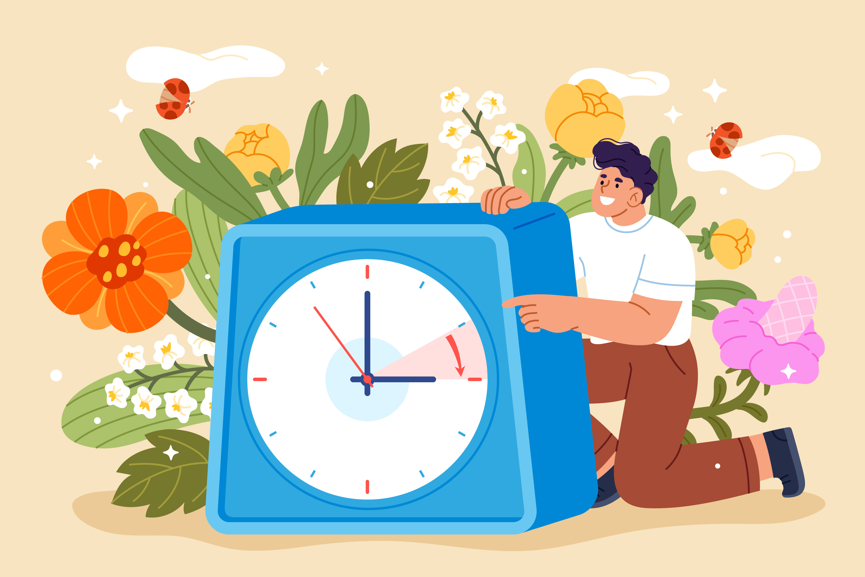 꽃과 식물들로 장식된 배경 앞에서 큰 파란색 시계의 바늘을 돌리고 있는 남성의 일러스트