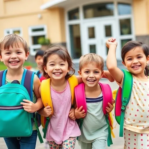 활짝 웃는 아이들이 책가방을 메고 학교나 유치원으로 신나게 걸어가는 모습입니다. 배경으로는 학교 건물이 보이며, 부모가 아이의 손을 잡고 안심하는 표정으로 배웅하는 모습이 연출됩니다.