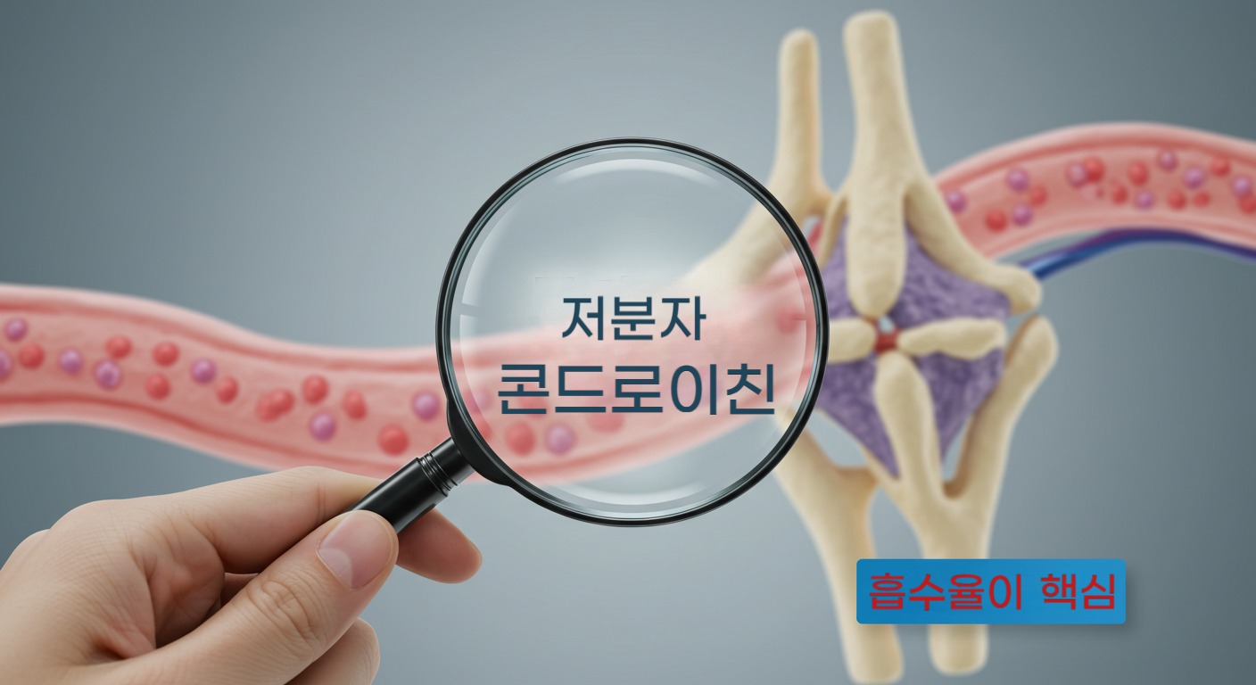 콘드로이친 영양제 선택 시 흡수율을 결정하는 '저분자' 구조의 중요성을 강조하는 인포그래픽.