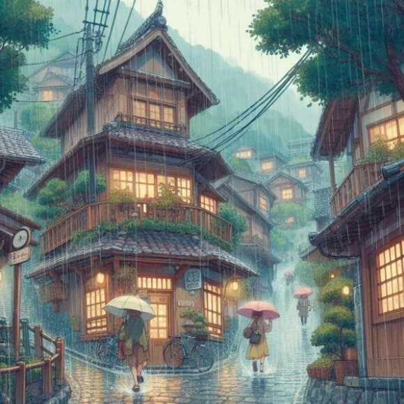 지브리 스타일의 많은 비가 내리는 일본의 고풍적인 건축 양식이 돋보이는 골목길 이미지 