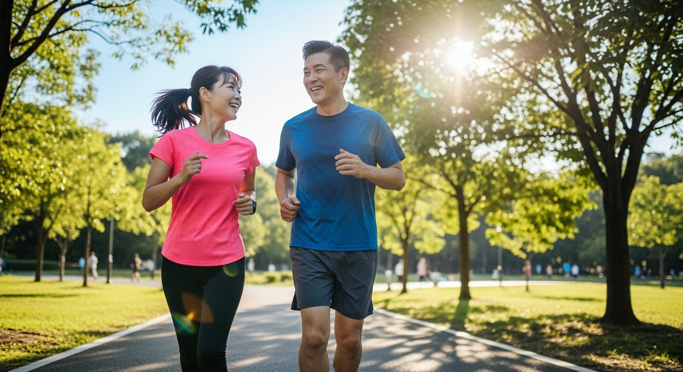 공원에서 함께 조깅을 하며 건강한 생활을 실천하는 중년 부부의 활기찬 모습