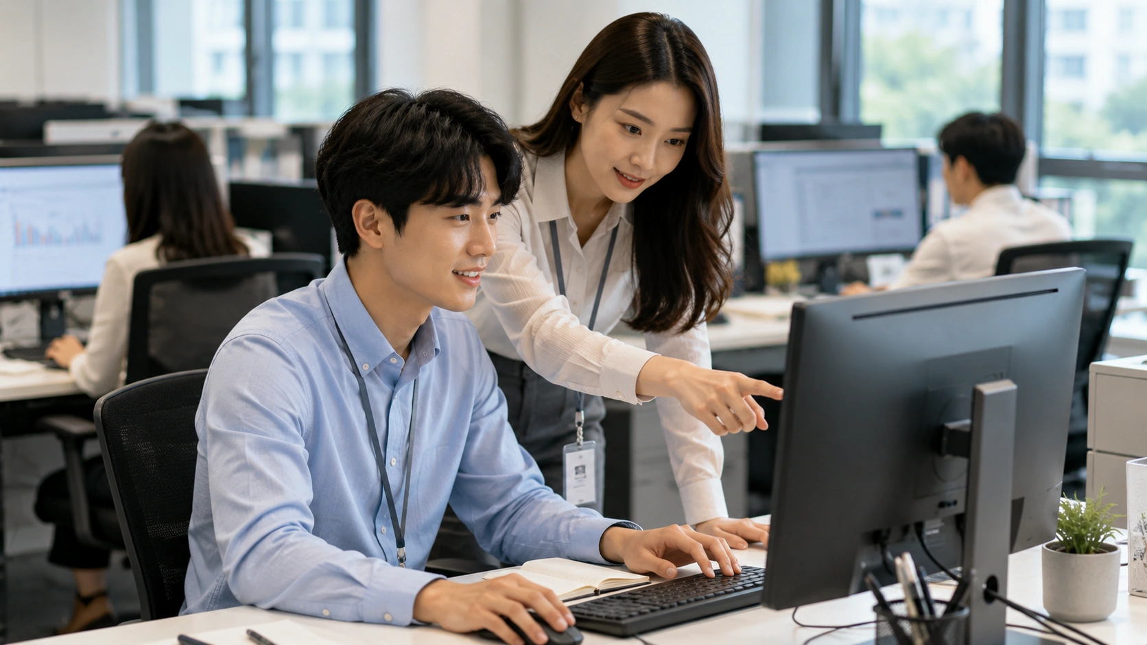 미래내일 일경험 지원사업 인턴 프로그램에서 선배 직원의 지도를 받으며 실무를 배우는 청년의 모습