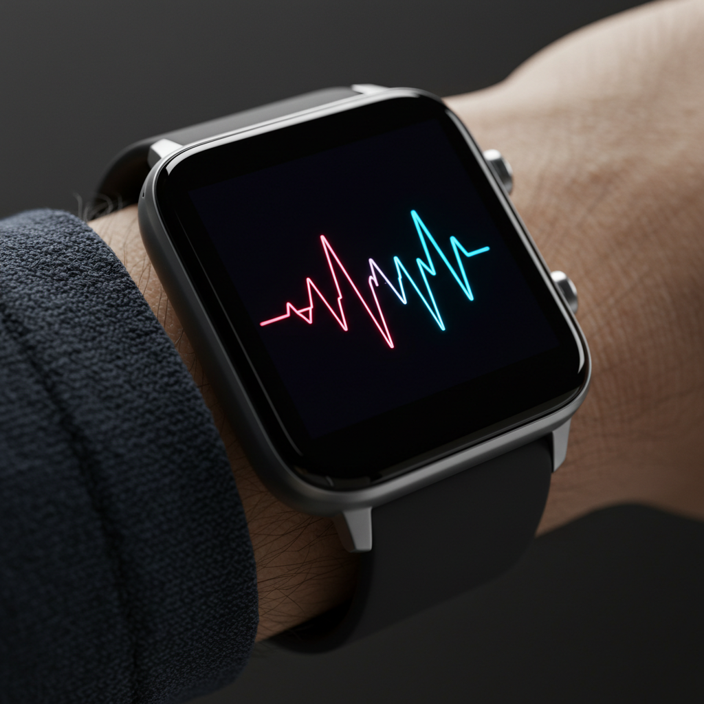 손목에 착용된 스마트워치 화면에 생체 데이터를 상징하는 그래프가 보이는 모습. 비침습 혈당 측정 기술을 암시.