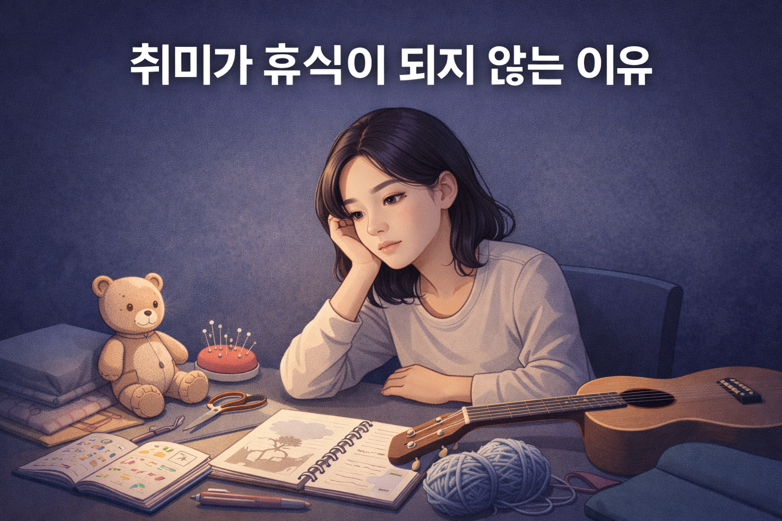 테이블 위에 스케치북과 뜨개질 소품이 놓인 취미 장면