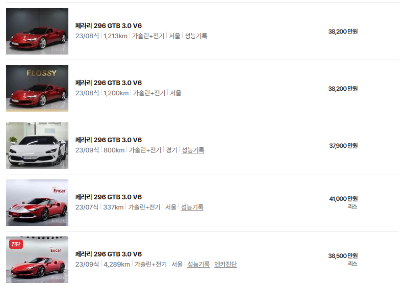 페라리 296 중고차 가격 시세표 유지비