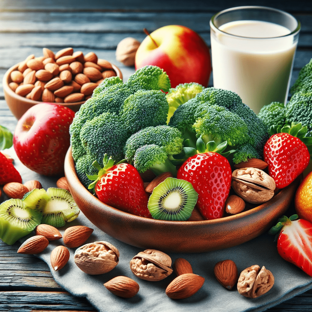 An image of healthy foods rich in vitamins C and E, like broccoli, strawberries, and nuts.