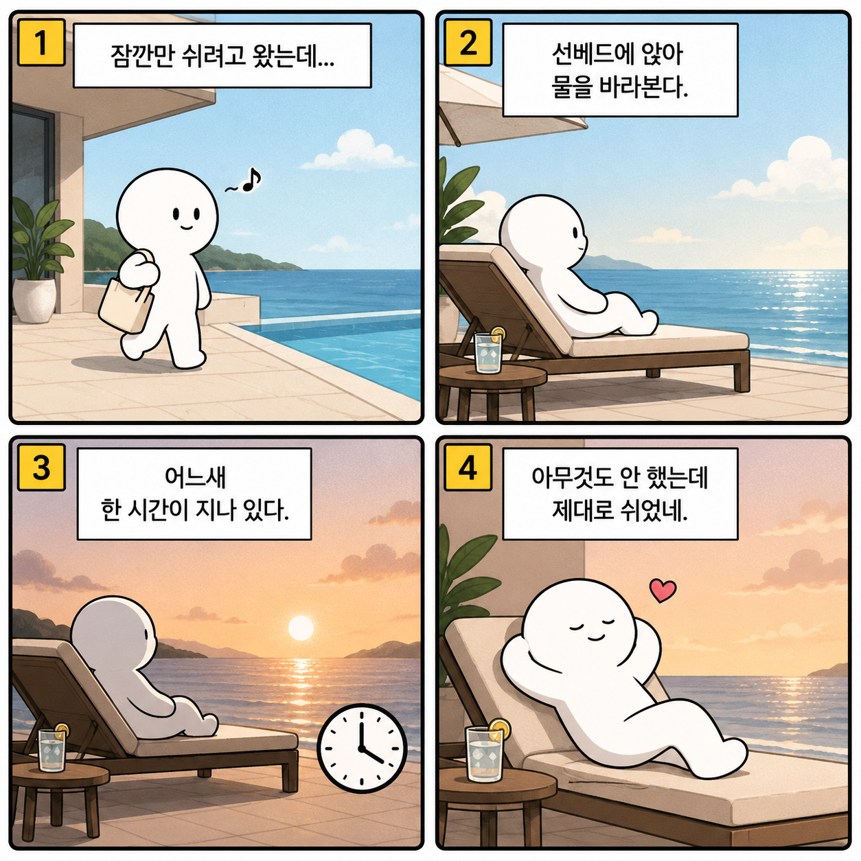 호텔 수영장 선베드에 쉬고 있는 웹툰