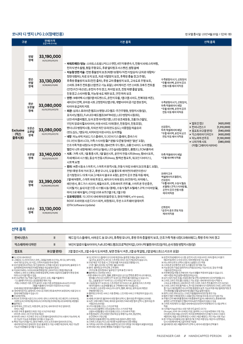쏘나타 디엣지 LPG 2.0 (장애인용) 모델 가격표