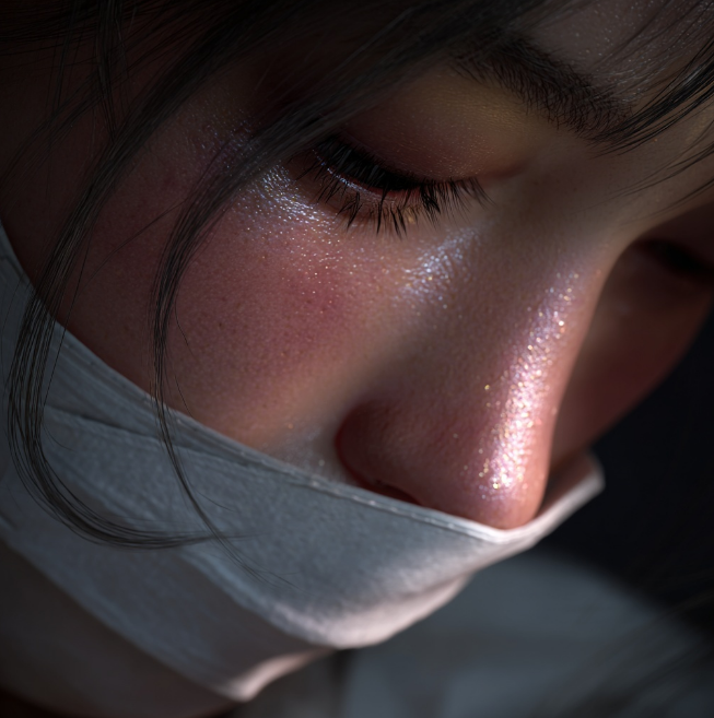 배가 아파 식은땀을 흘리는 여성