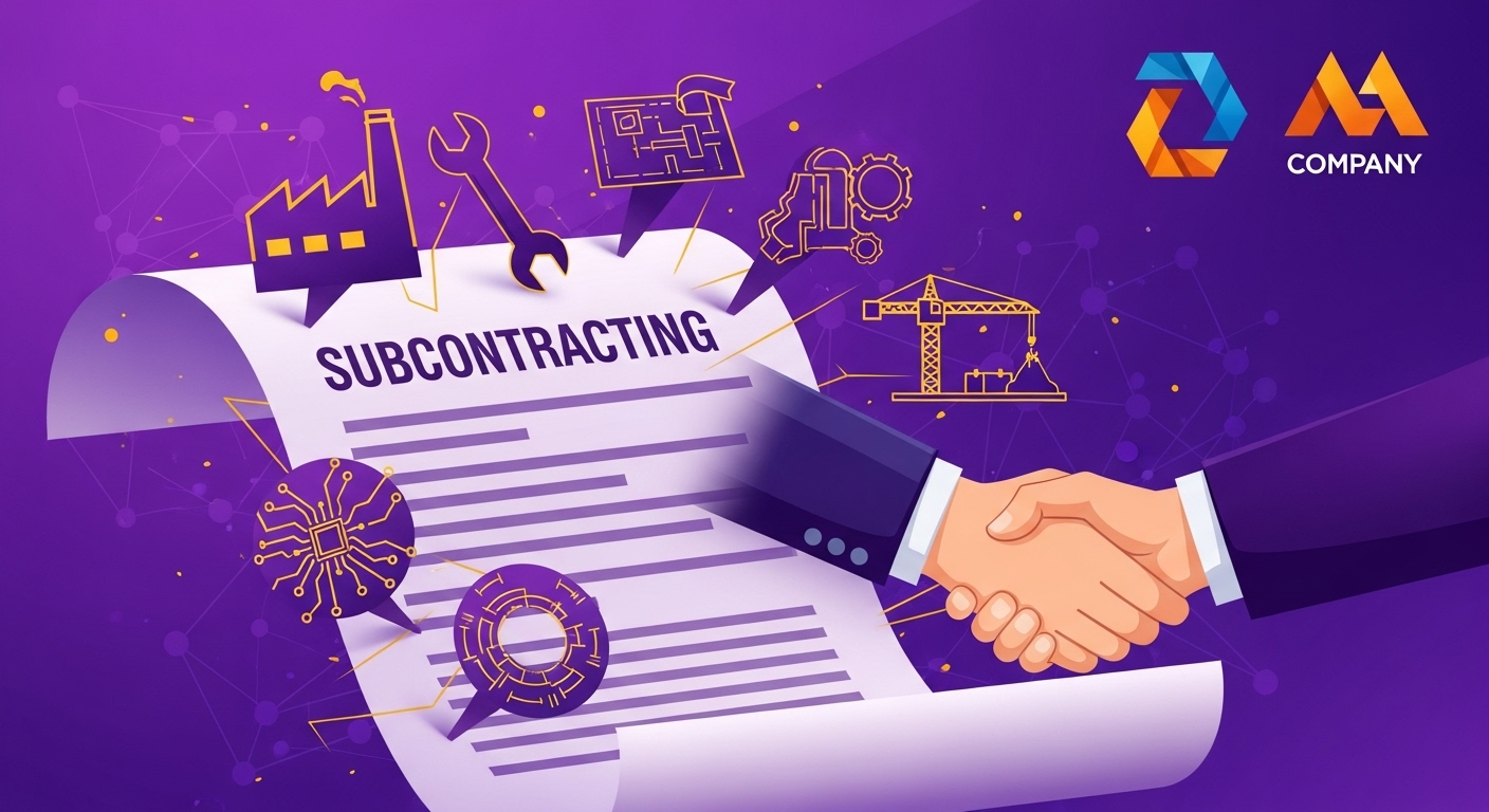 하도급 계약서를 중심으로 다양한 산업 분야의 기호들이 얽혀 있으며, 두 기업이 악수하는 모습.