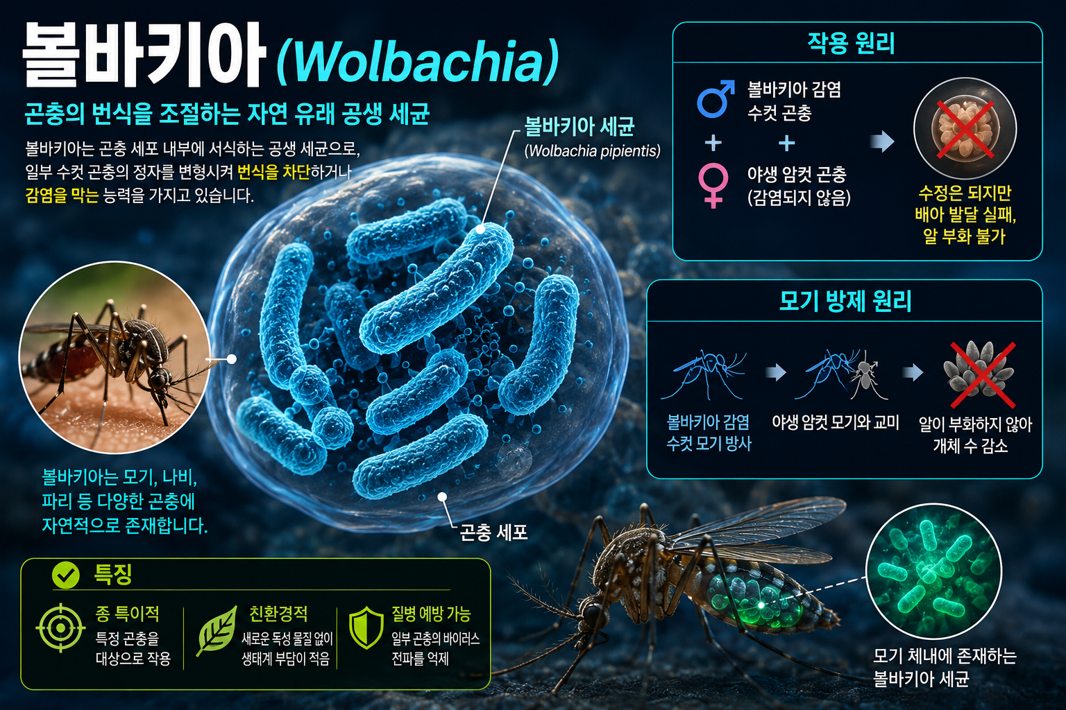 볼바키아 세균이 모기 체내에서 번식 조절과 질병 전파 억제에 관여하는 원리를 설명한 과학 정보형 인포그래픽 이미지