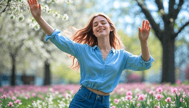 하늘색 긴 티셔츠와 청바지를 입은 긴 갈색머리 미녀가 꽃밭 앞에서 양팔을 들고 웃고있다.