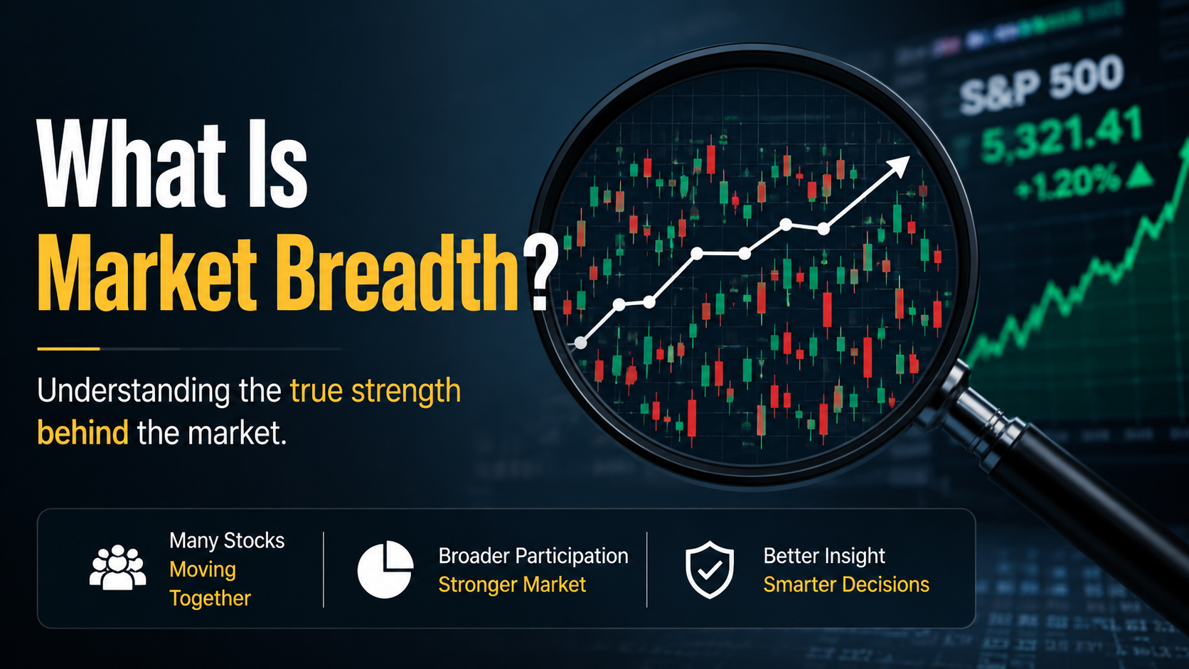 Conceptual illustration of Market Breadth showing a magnifying glass analyzing overall market participation beyond stock index performance.