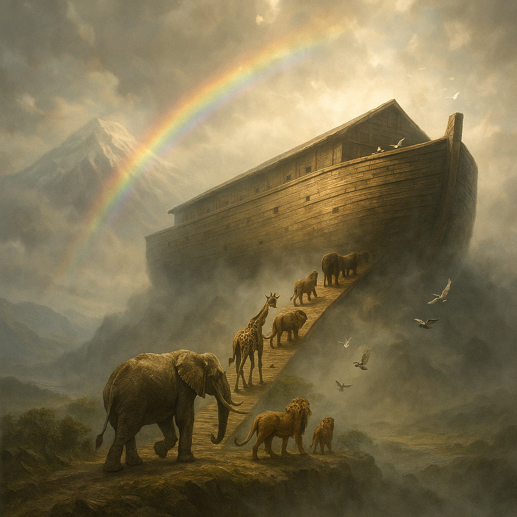 "무지개가 떠 있는 구름 낀 하늘 아래, 거대한 나무로 만들어진 노아의 방주가 산 위에 놓여 있고, 코끼리, 기린, 사자 등 짝을 이룬 동물들이 방주에서 나와 경사로를 따라 내려오고 있다. 주변은 안개로 가득하며, 배경에는 눈 덮인 산과 평화로운 자연 풍경이 펼쳐져 있다."