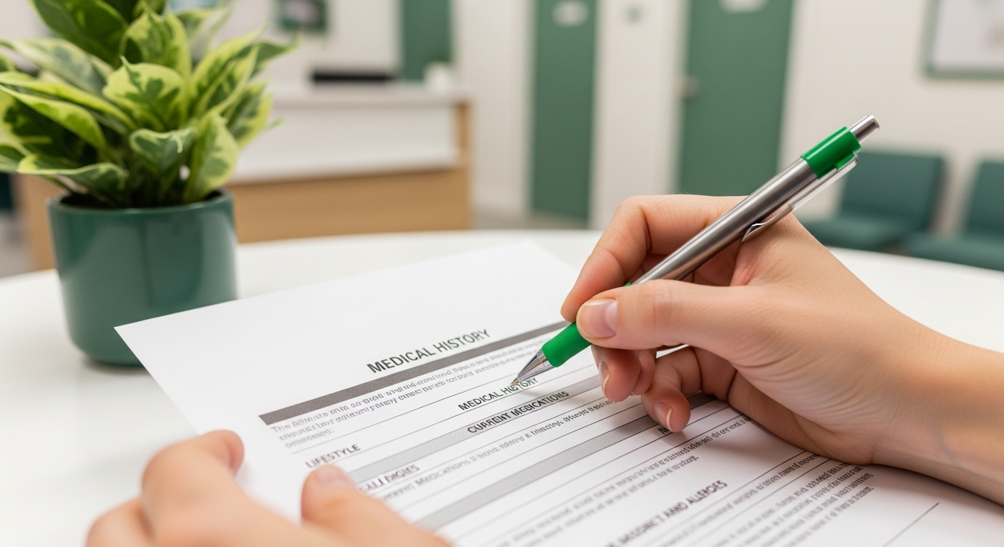 의료 문진표에 꼼꼼하게 정보를 작성하고 있는 손의 클로즈업. 정확한 검진을 위한 중요성을 강조.