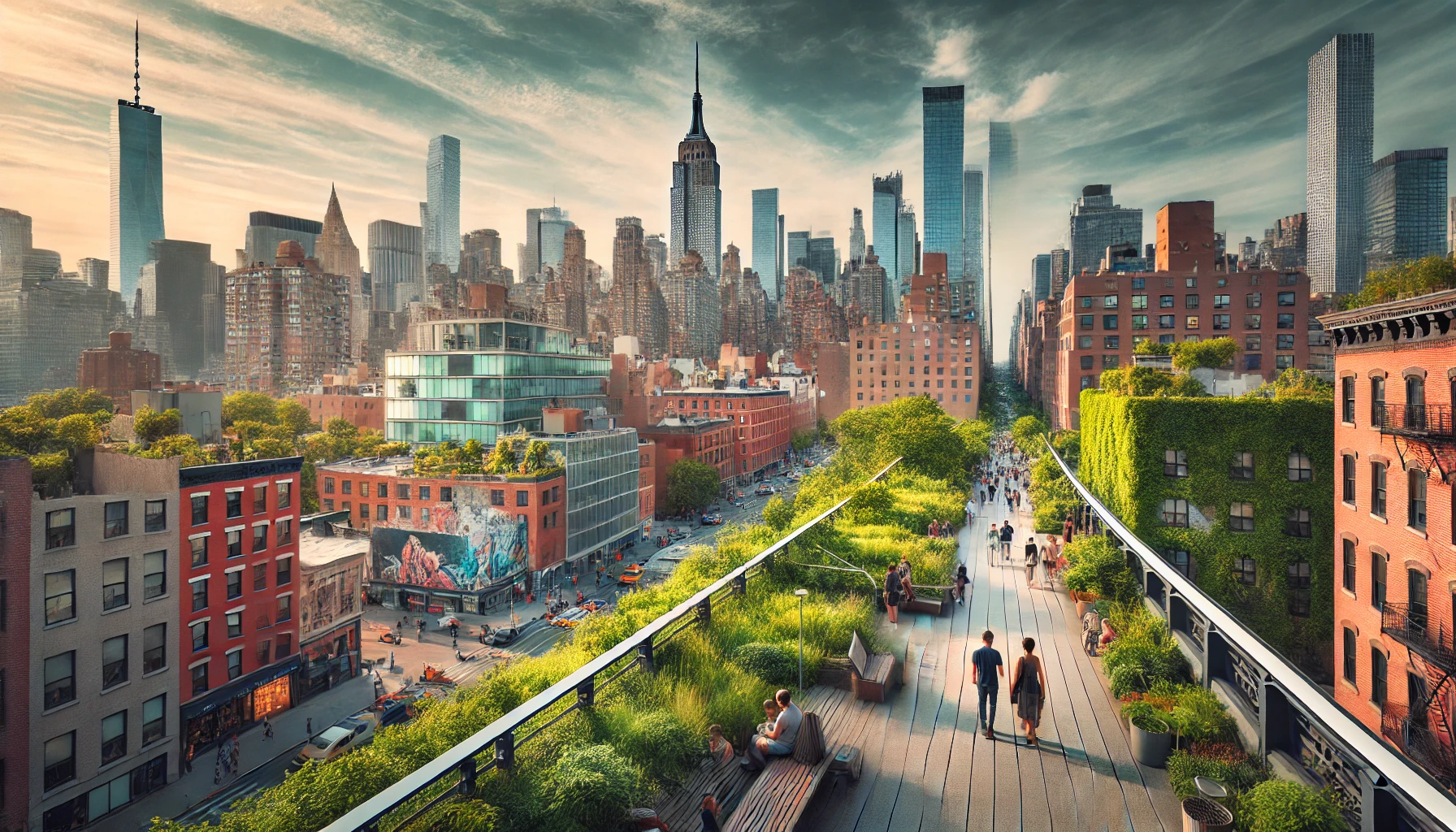 하이 라인 파크에서 바라본 뉴욕의 전경과 산책하는 사람들