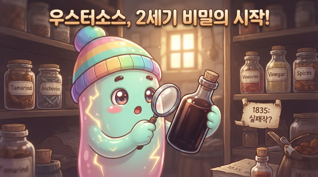 호기심 대장 쫀쿠가 1835년 영국의 창고에서 먼지 쌓인 실패한 소스 병을 발견하고 깜짝 놀란 표정을 짓고 있습니다. 병에는 'UNKNOWN MIX'라고 적혀 있고, 뒤편으로는 타마린드 꼬투리와 앤초비가 살짝 보이며 궁금증을 자극합니다.