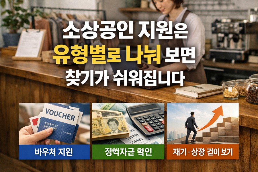 2026 소상공인 지원금을 바우처, 정책자금, 재기지원, 성장지원으로 나누어 한눈에 보여주는 안내 이미지