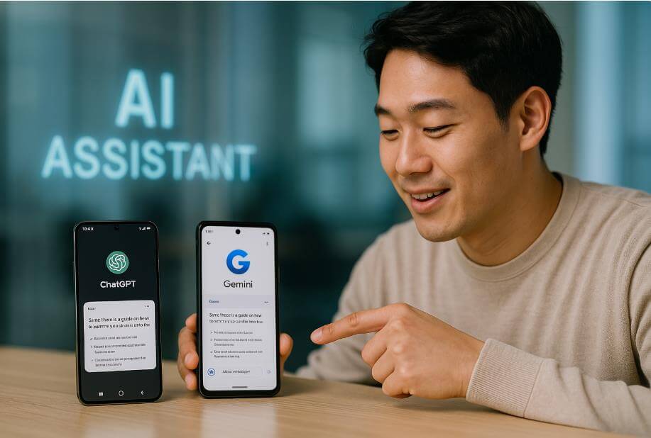 ChatGPT와 Gemini AI 어시스턴트를 비교하는 장면