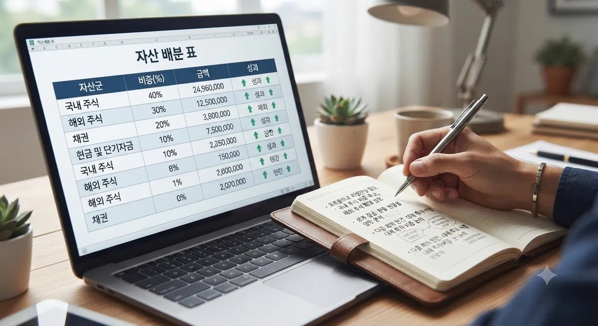 노트북의 자산 배분 표와 메모하는 모습