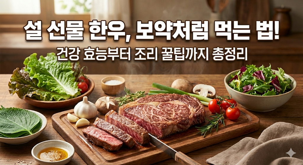 나무 도마 위에 놓인 신선한 한우 소고기와 쌈 채소, 마늘, 버섯, 방울토마토가 차려진 건강한 식단 이미지. 상단에는 '설 선물 한우, 보약처럼 먹는 법! 건강 효능부터 조리 꿀팁까지 총정리'라는 문구가 포함되어 있음.