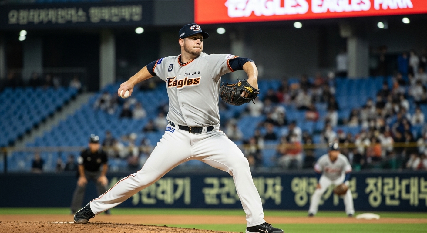 대전 홈구장에서 강력한 투구를 하는 한화 이글스의 에이스 투수