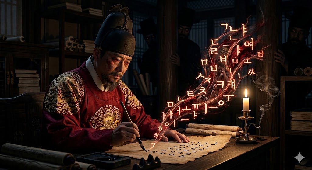 Close-up of a hand writing Hangul with a calligraphy brush on traditional Korean paper, symbolizing the secret creation of the Korean alphabet.
