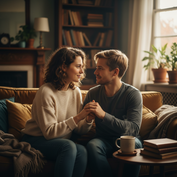 한 사람이 다른 사람의 손을 다정하게 만지며 위로와 애정을 전하는 연인의 친밀한 순간, 따뜻한 분위기