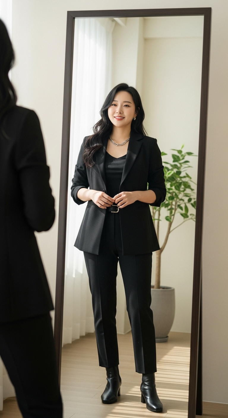 전신 거울 앞에서 오늘 완성한 코디를 만족스럽게 보고 있는 모습