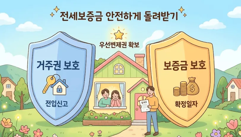 전세보증금 반환: 따뜻하고 밝은 분위기의 일러스트입니다. 중앙의 아기자기한 집 안에는 환하게 웃는 가족이 있으며, 집 양옆을 두 개의 튼튼한 방패가 지켜주고 있습니다. 왼쪽의 파란색 방패는 '전입신고'를 통한 거주권 보호를, 오른쪽의 노란색 방패는 '확정일자'를 통한 보증금 보호를 상징합니다. 상단에는 '전세보증금 안전하게 돌려받기'라는 문구가 적혀 있어 전세보증금 반환을 위한 필수 장치의 중요성을 보여줍니다.