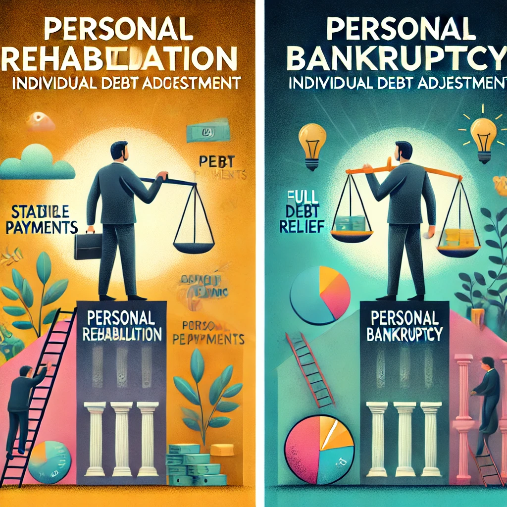 왼쪽은 개인회생을 표현 오른쪽은 개인파산을 저울에 대비하여 표현