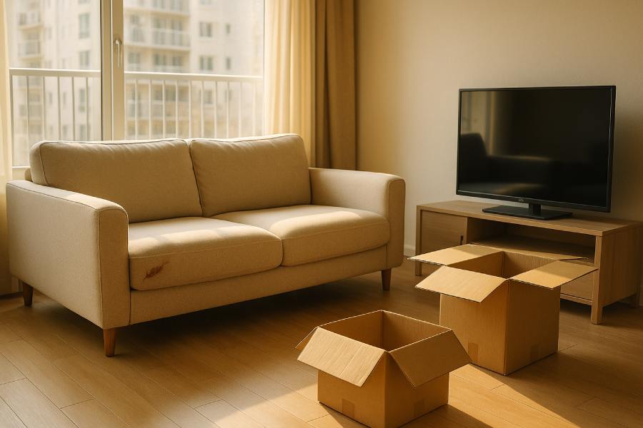 새 아파트 거실에서 이삿짐 상자와 TV가 놓여 있고, 소파 모서리에 선명한 긁힘 자국이 보이는 이사 중 가구 파손 장면.