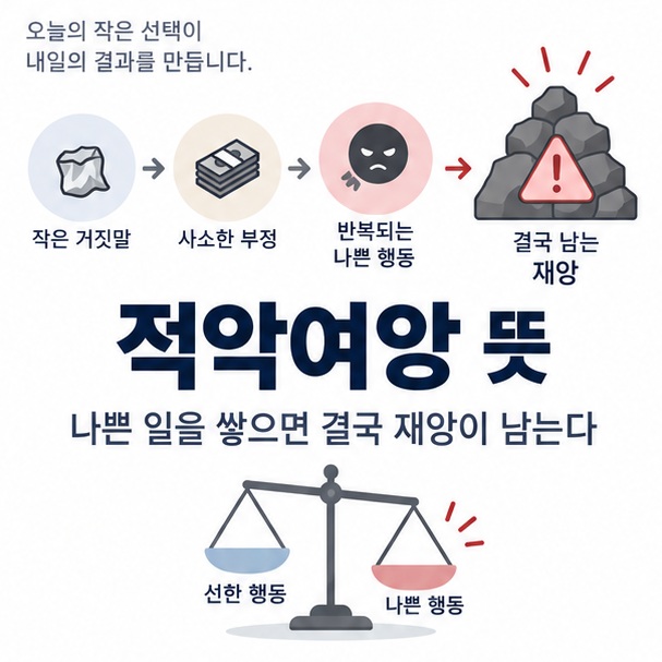 적악여앙 뜻과 악행이 쌓여 좋지 않은 결과로 이어지는 의미를 보여주는 교육용 이미지