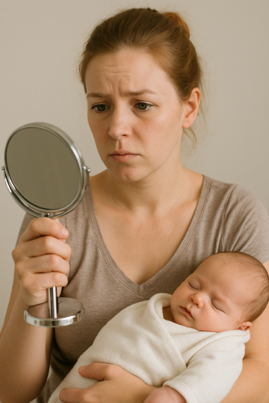 출산 후 거울을 보고 있는 엄마의 모습