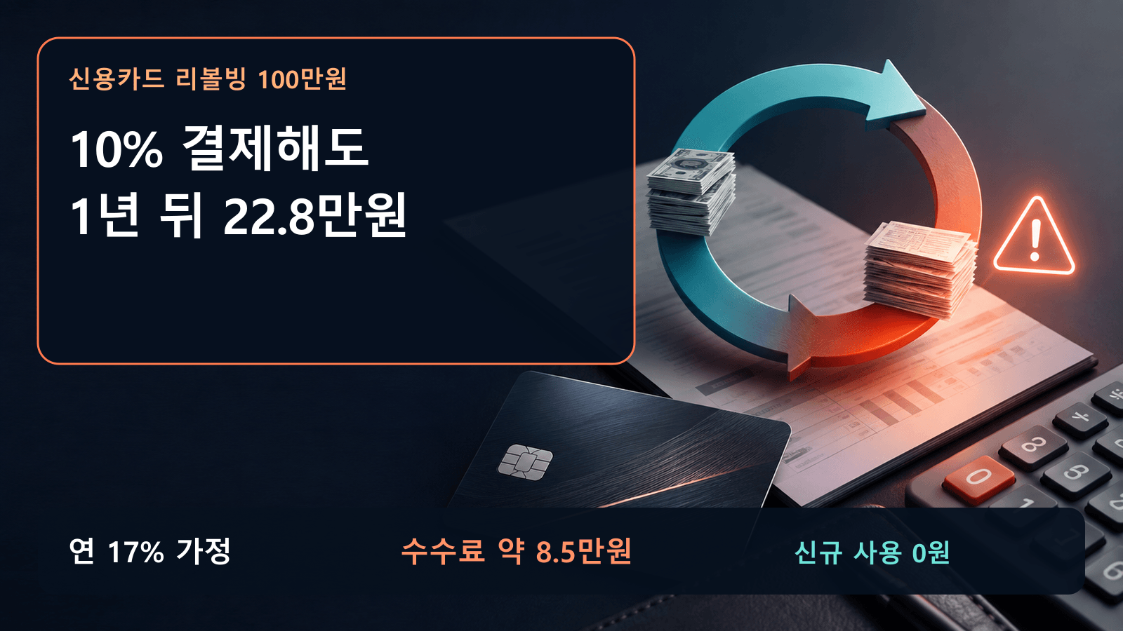 신용카드 리볼빙 100만원을 10퍼센트만 결제할 때 1년 뒤 잔액 22만8천원과 수수료 약 8만5천원을 보여주는 대표 이미지