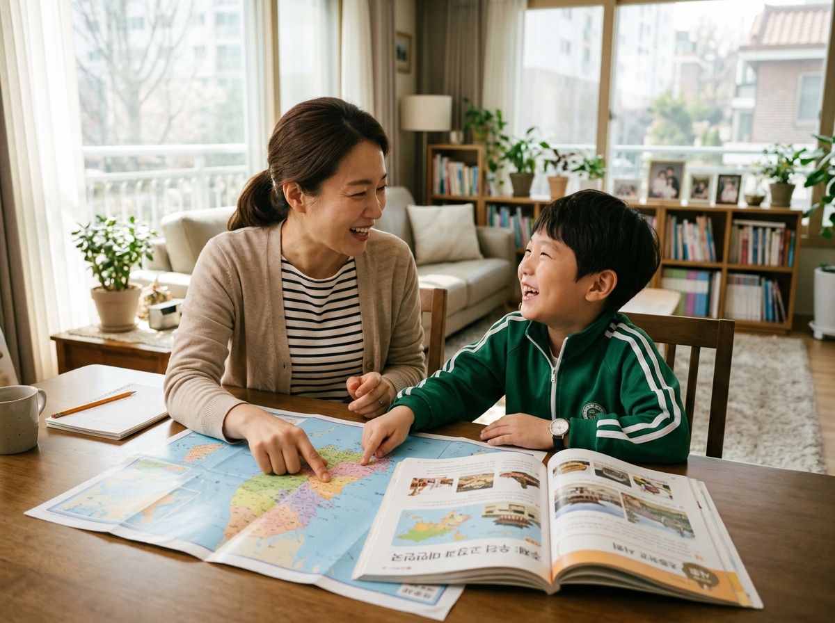 학년 전환기 사회 과목 학습을 위해 초등학생 자녀와 학부모가 사회 교과서를 보며 이야기 나누는 모습.