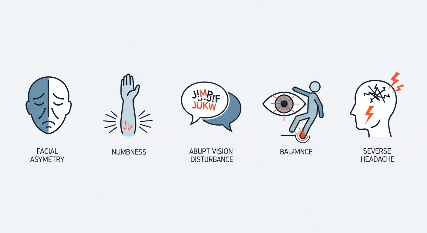 갑작스러운-안면-비대칭-팔-저림,-언어-장애,-갑작스러운-시력-장애,-불균형,-심한-두통을-나타내는-상징적인-도형들과-그림입니다.