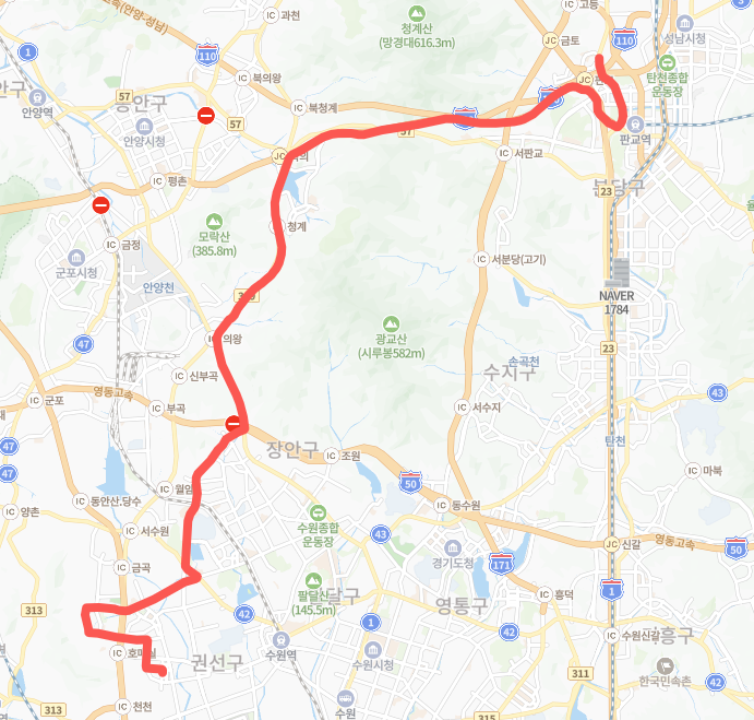 성남-수원-P9100(출근)번-버스-노선-지도