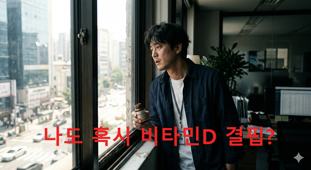 실내에서 피로감을 느끼며 비타민D 영양제를 들고 있는 직장인