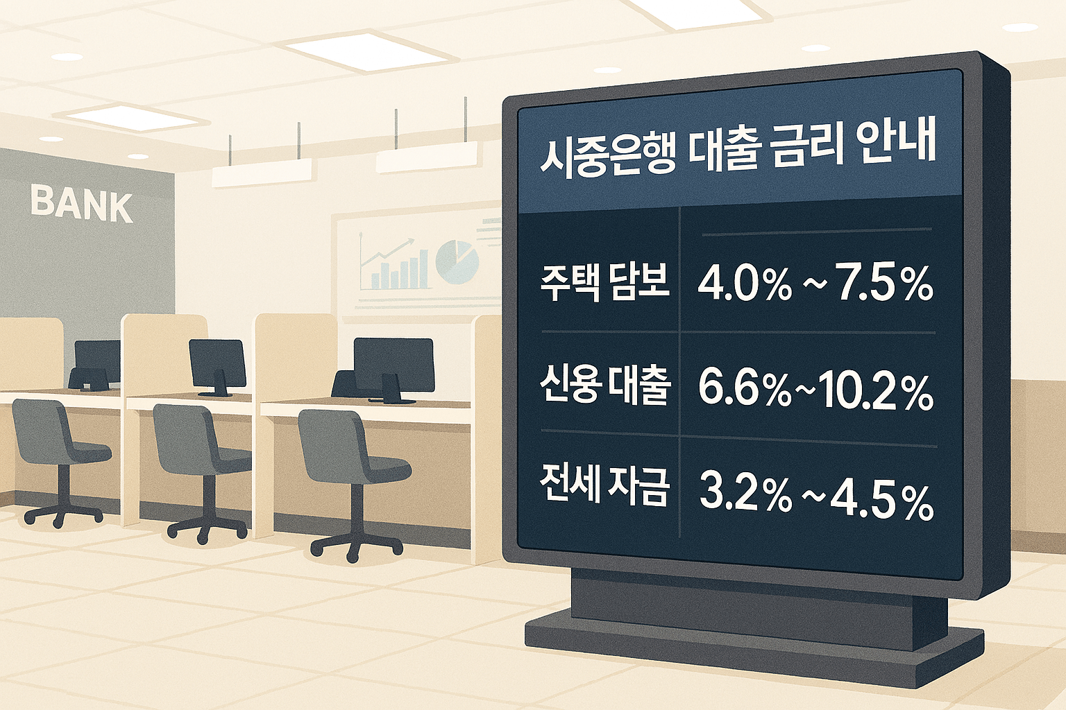 시중은행 대출 금리 정보를 안내하는 디지털 화면이 있는 은행 내부 모습