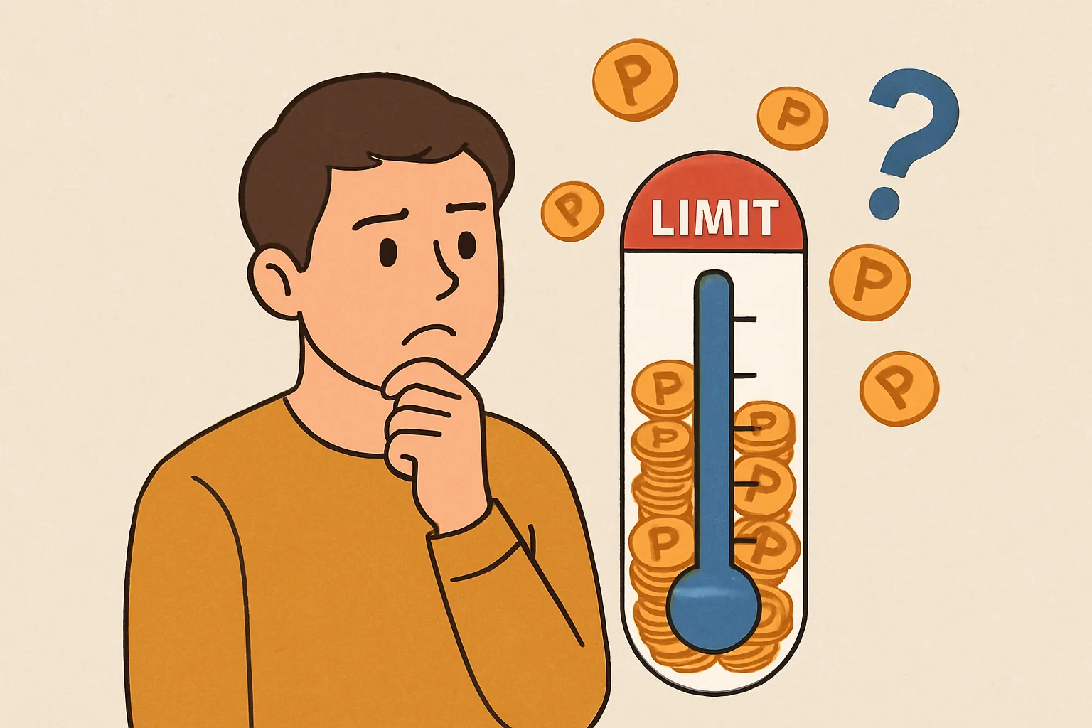 포인트-적립-한도를-초과해-궁금해하는-남성과-코인-한도게이지를-나타낸-일러스트