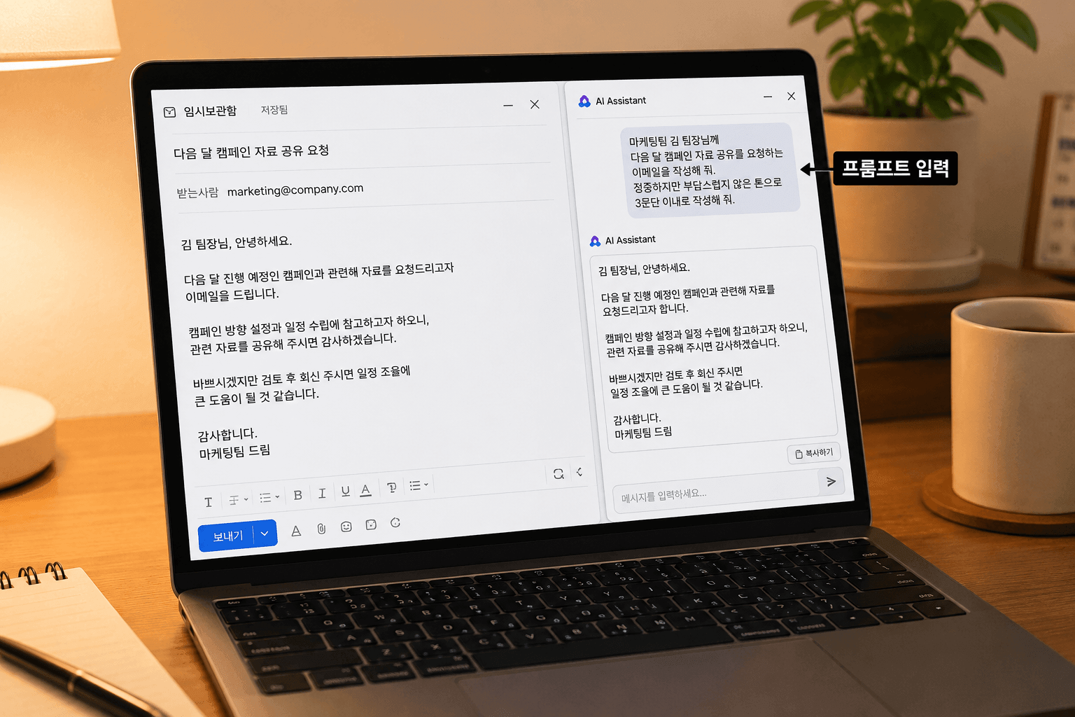 노트북 화면에 이메일 초안과 AI 채팅창이 나란히 열려 있는 모습