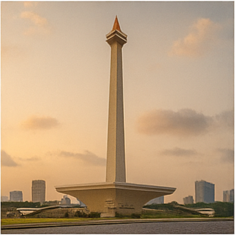 수제 간식과 전통 조각품 선물세트&amp;#44; 자카르타의 모나스 기념탑&amp;#44; 자무와 향신료 병 세트로 구성된 정사각형 3개의 이미지.