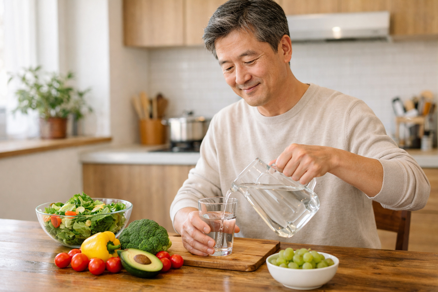 할아버지가 통풍에 좋은 음식 앞에서 웃는 모습