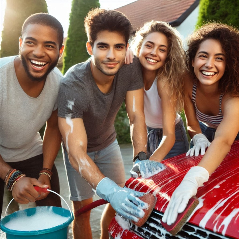 사람들이 자동차를 관리하는 모습