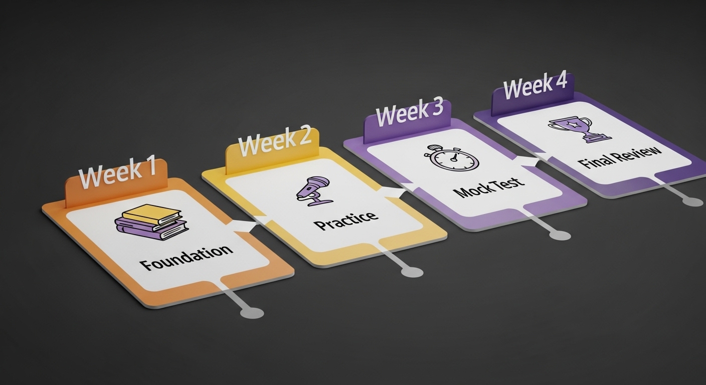 오픽, 토익스피킹 한 달 완성을 위한 4주 학습 계획을 보여주는 인포그래픽 달력