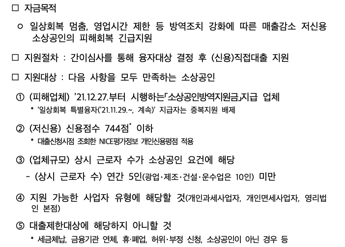 소상공인 희망대출 요약표