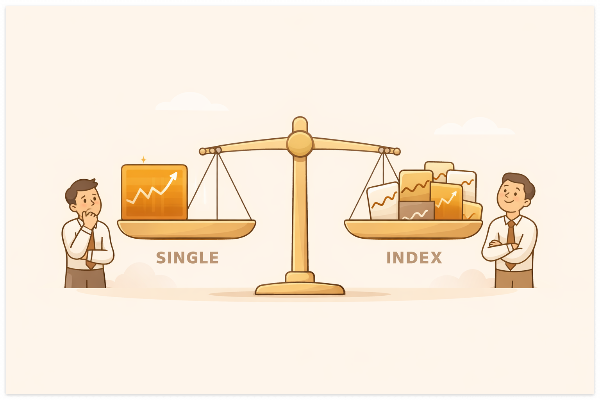 개별주 투자와 인덱스 투자의 차이를 비교한 2D 베이지 톤 일러스트