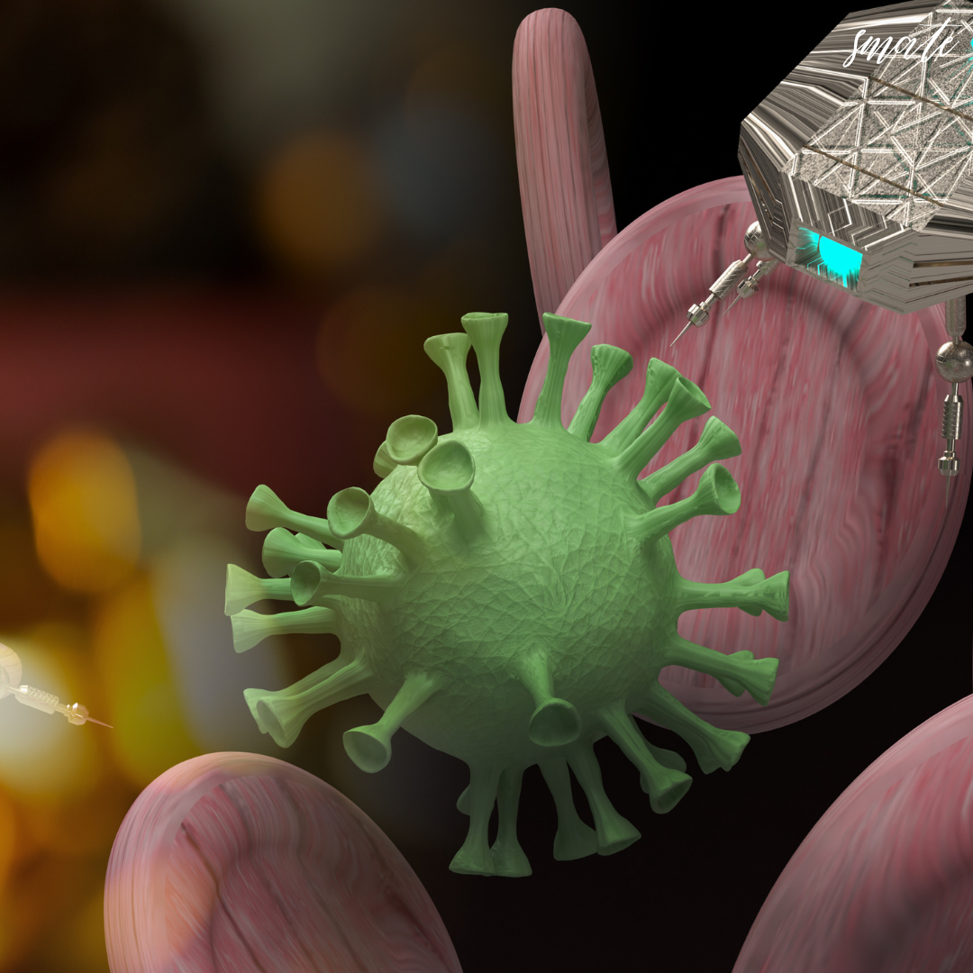 바이러스와 접촉하는 녹색 동작을 확장하는 나노봇, 의료용 보호에 사용되는 최첨단 나노기술을 보여줌