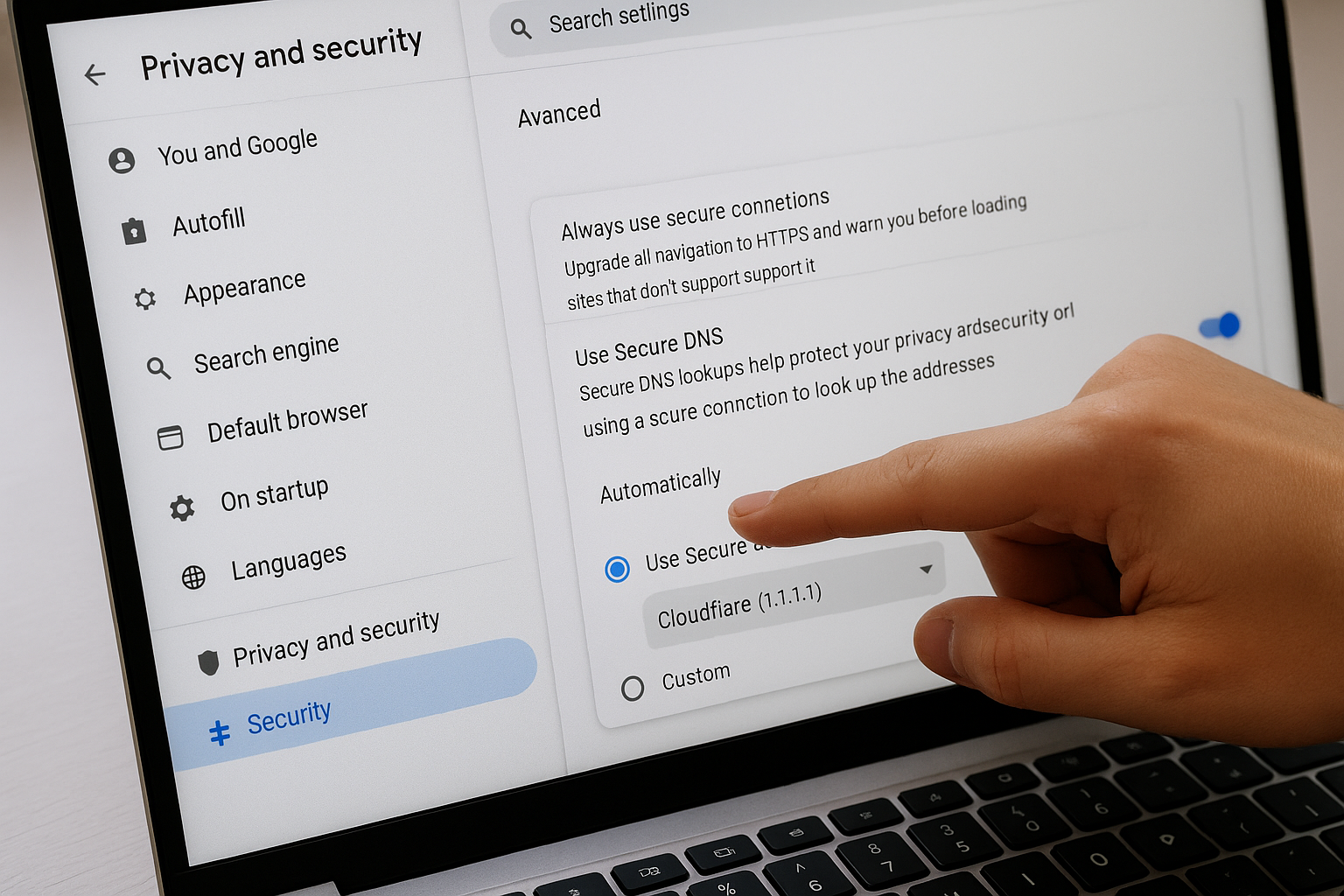 브라우저 개인정보 보호 메뉴에서 Secure DNS 제공자를 선택하는 장면